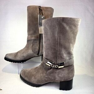 Stuart Weitzman Gray Suede Boots Women's 9.5 Mid Calf Faux Fur Lined NEW
